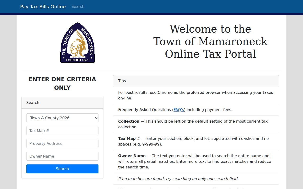 Village of Mamaroneck residents directory tax portal search fields