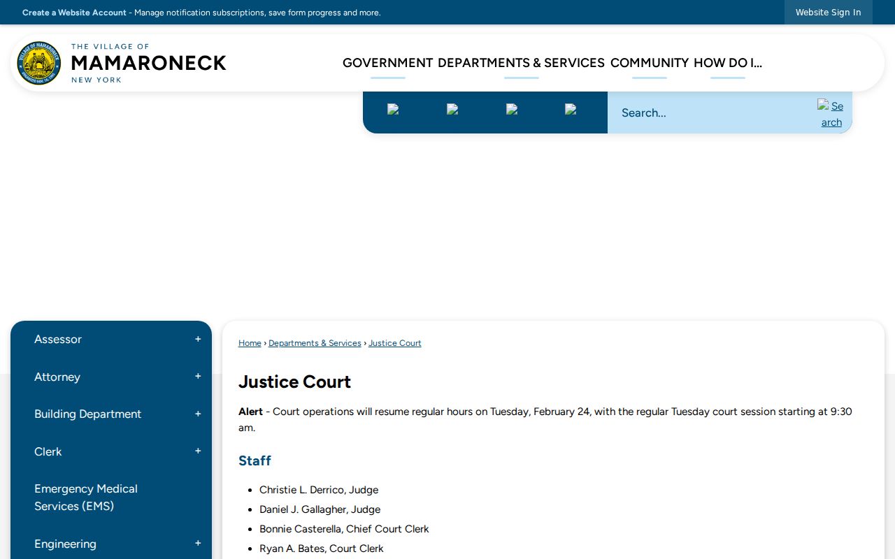 Village of Mamaroneck resident lookup Justice Court information